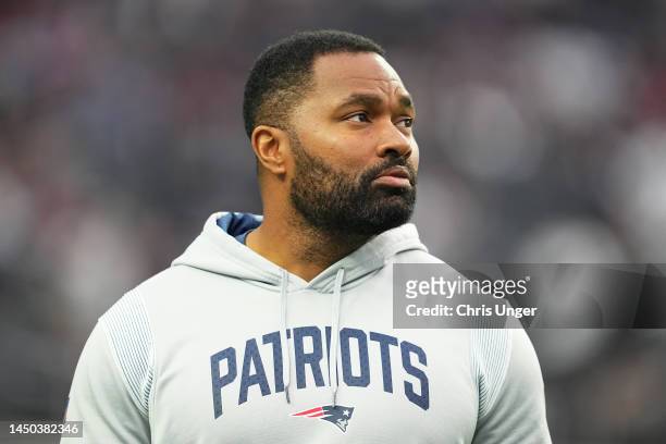 Linebackers coach Jerod Mayo of the New England Patriots looks on during warmups before a game against the Las Vegas Raiders at Allegiant Stadium on...