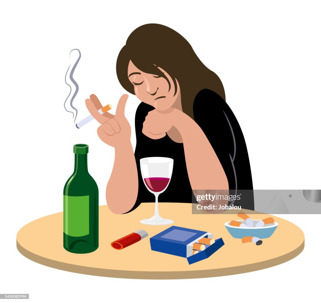 Mulher triste fumando e bebendo álcool
