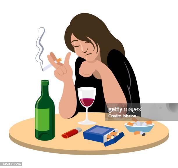 bildbanksillustrationer, clip art samt tecknat material och ikoner med sad woman smoking and drinking alcohol - unhealthy living