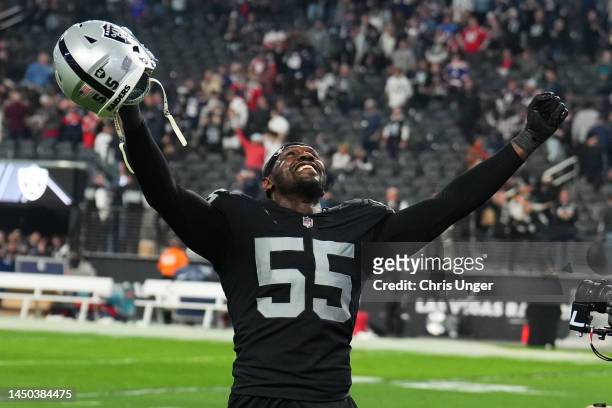 Defensive end Chandler Jones of the Las Vegas Raiders celebrates after their victory against the New England Patriots at Allegiant Stadium on...