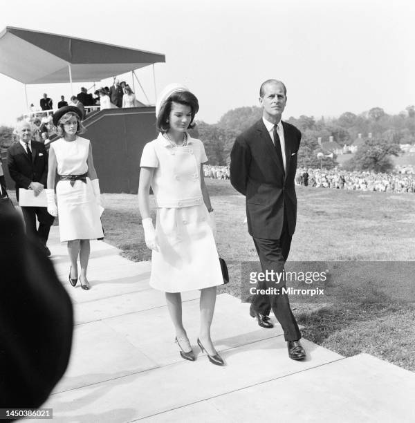 Jackie Kennedy, widow of assassinated US President John F. Kennedy, with Prince Philip the Duke of Edinburgh at Runnymede for The Kennedy Memorial...