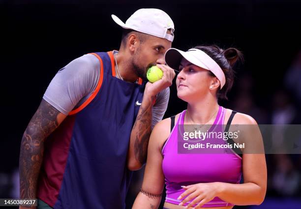Nick Kyrgios of Eagles speaks to Bianca Andreescu of Eagles during their mixed doubles match against Holger Rune and Eugenie Bouchard of Kites on day...
