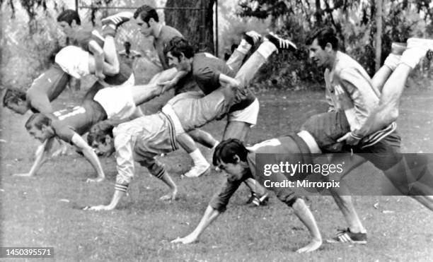 Players train at the Reforma club in Mexico. Left to right: Brian Labone, Peter Bonetti, Peter Shilton and Alan Mullery. Left to right : Alex...