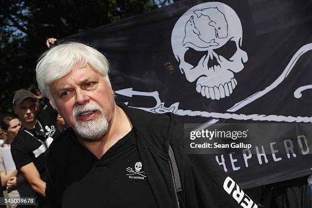 Paul Watson, head of the Sea Sheperd Conservation Society, prepares to speak to supporters on May 23, 2012 in Berlin, Germany. Watson is currently...