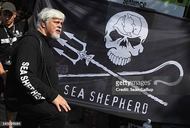 Paul Watson, head of the Sea Sheperd Conservation Society, prepares to speak to supporters on May 23, 2012 in Berlin, Germany. Watson is currently...