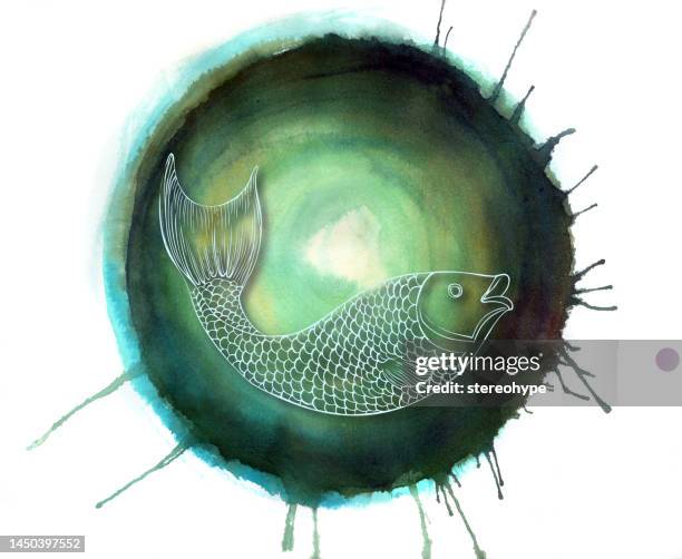 coi fish on a green spinnery - fish jumping stock illustrations