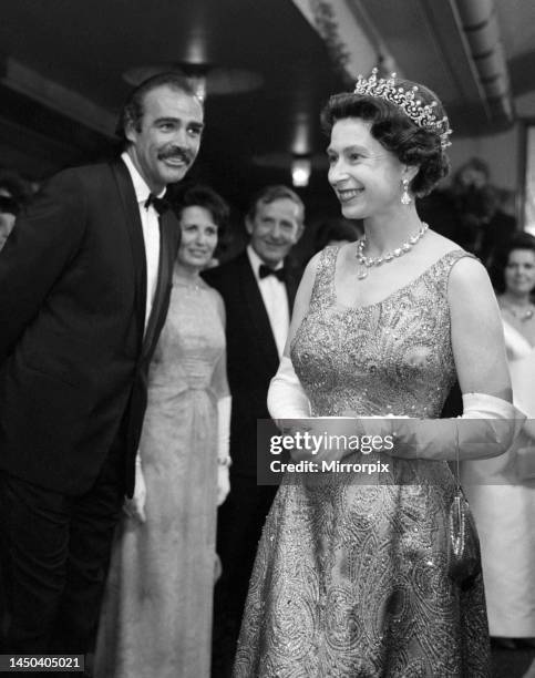 Sean Connery meets Queen Elizabeth II at the premiere of the new James Bond film You Only Live Twice. 12th June 1967.