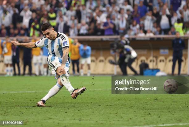 Gonzalo Montiel of Argentina scores their sides fourth and winning penalty during the FIFA World Cup Qatar 2022 Final match between Argentina and...