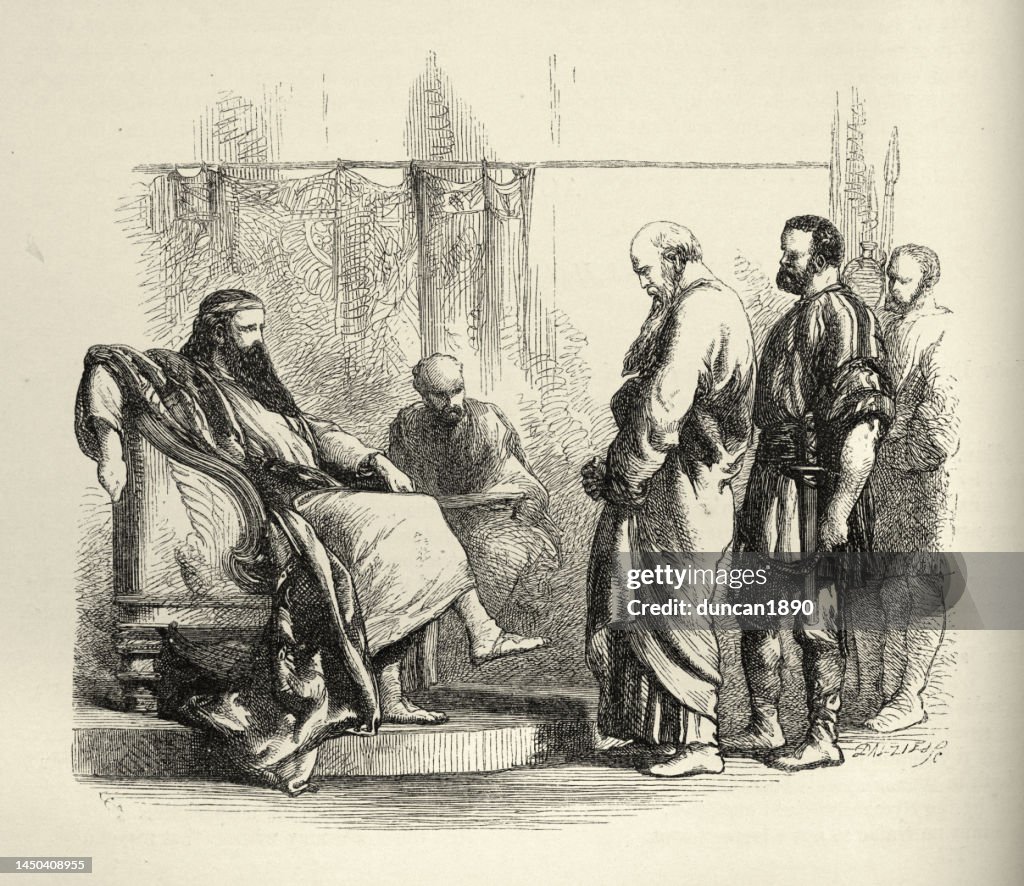 Egeon before Solinus, Duke of Ephesus, scene of The Comedy of Errors, play by William Shakespear