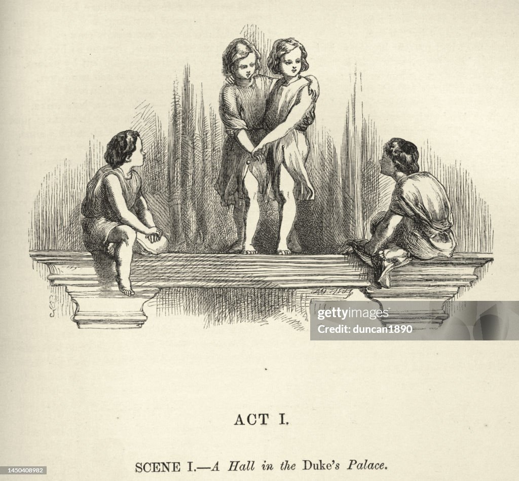 Identical twins, scene of The Comedy of Errors, play by William Shakespeare, illustrated by John Gilbert