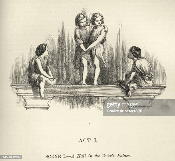 identical twins, scene of the comedy of errors, play by william shakespeare, illustrated by john gilbert - identical twins stock illustrations