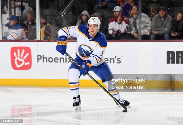 Jeff Skinner of the Buffalo Sabres skates with the puck against the Arizona Coyotes at Mullett Arena on December 17, 2022 in Tempe, Arizona.