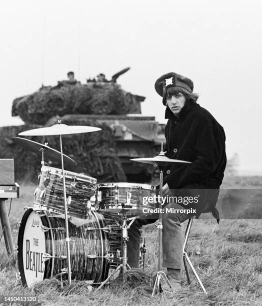 Beatles drummer Ringo Starr during the filming of their latest film Help in Salisbury Plain. May 1965.
