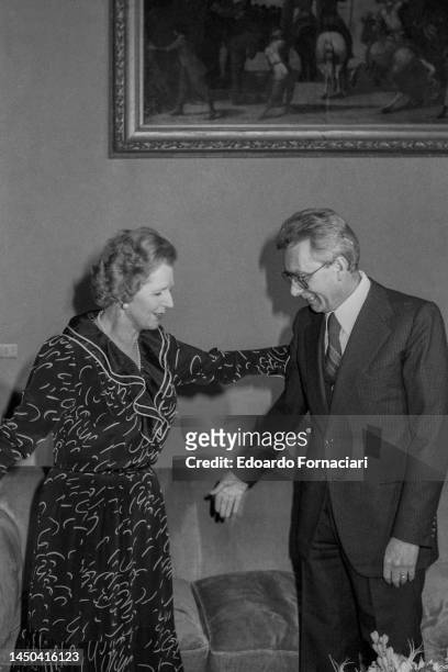 View of British Prime Minister Margaret Thatcher and Italian Prime Minister Arnaldo Forlani at Palazzo Chigi during the former's State Visit, Rome,...