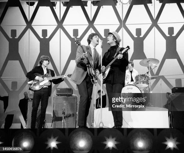 The Beatles rehearse at the ABC Theatre, Blackpool for the group's bill-topping appearance on ABC TV's Blackpool Night Out, 1 August 1965. Left to...