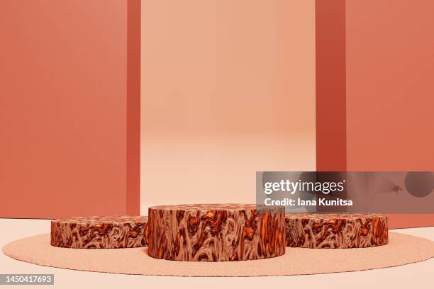 wooden, marbled effect, tiger print on orange, black and beige podiums on brown background. platforms for showing products. 3d template. trendy natural colors. - rust colored stock pictures, royalty-free photos & images