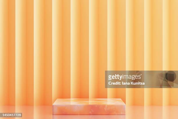 marble podium on yellow, orange background. platform for displaying products. 3d template. fashionable colors. - catwalk background stock pictures, royalty-free photos & images