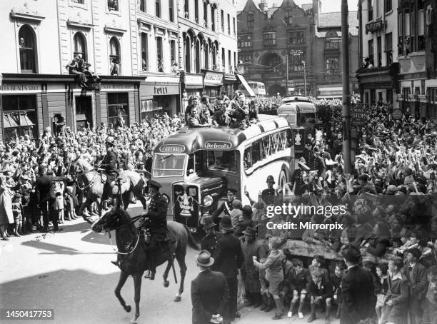 Wolverhampton Wanderers players show the FA Cup trophy to their fans from atop an open top bus as they parade the trophy through the streets. 1st May...