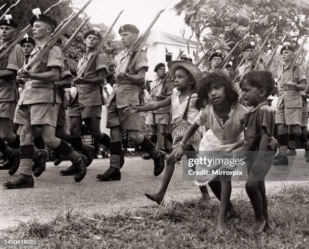 British soldiers marching in Georgetown, British Guiana. 1953.