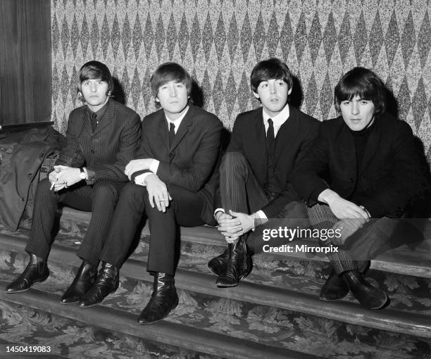 The Beatles at a press conference at the Gaumont State Cinema, Kilburn, London, 23 October 1964. Left to right: Ringo Starr, John Lennon, Paul...