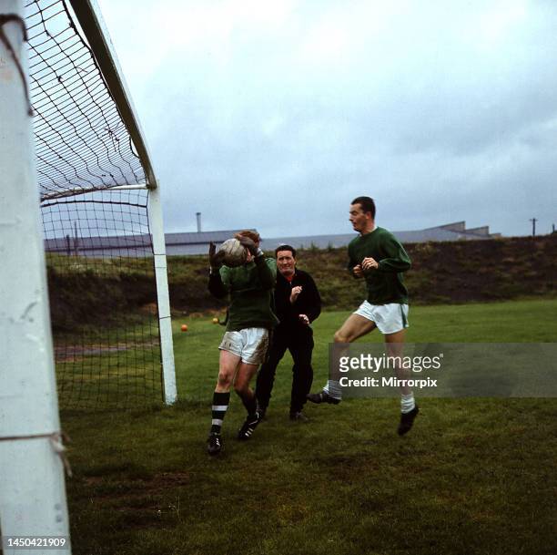 Jock Stein and Steve Chalmers during training with goalkeeper John Fallon. July 1966.