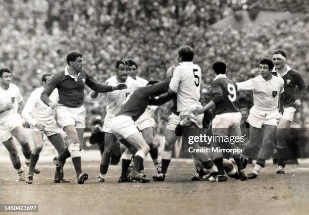 France versus Wales, Stade Colombes, Paris. French lock Jacques Fort, holding onto the ball in a tackle. France 20 Wales 14. April 1967.