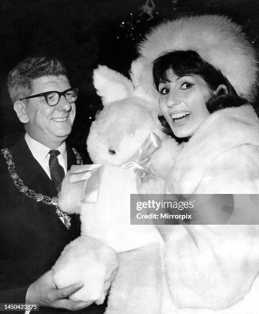 Smiling Alma Cogan presented a giant wollen rabbit to the Mayor of Gateshead, Alderman William Collins. The gift is the first to be handed in at...