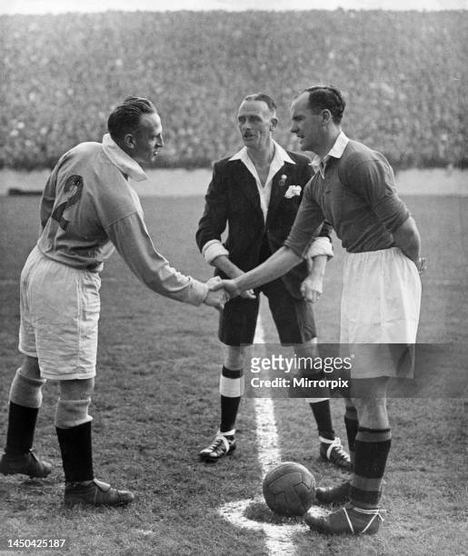 Manchester City v Manchester United. Captains shake hands before the Derby. 20th September 1947. Mr C Fletcher of Northwich. He refereed the 1947...