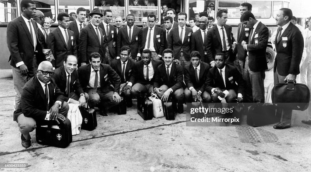 Pele and the Brazilian football team arrive at London Airport for the