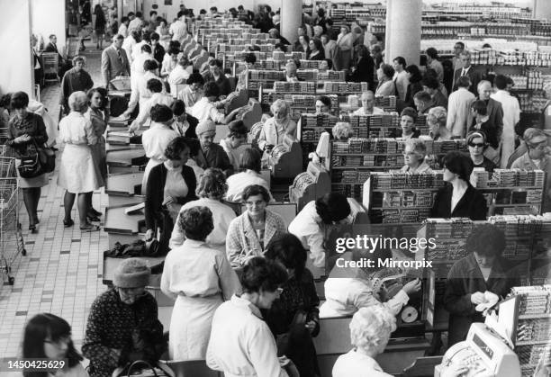 Shoppers at the tills at Sainsbury's supermarket in Trinity Street, Coventry. 25th July 1967.