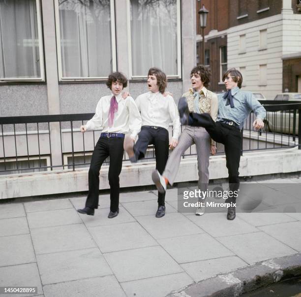 Pink Floyd outside EMI House in Manchester Square, London, after being signed to the label. 3rd March 1967.