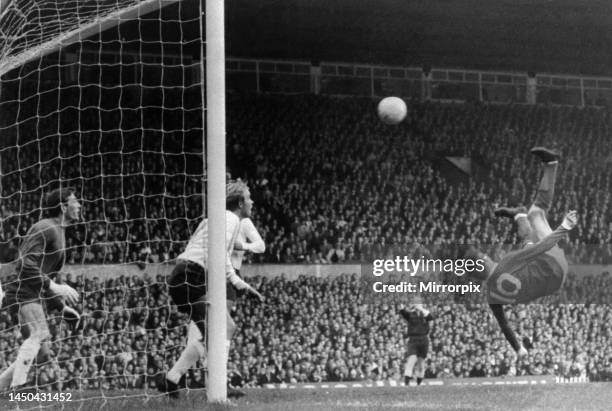 Manchester United v Tottenham Hotspur Denis Law sends in an overhead shot on the goal during the Division 1 Football match at Old Trafford. 24th...
