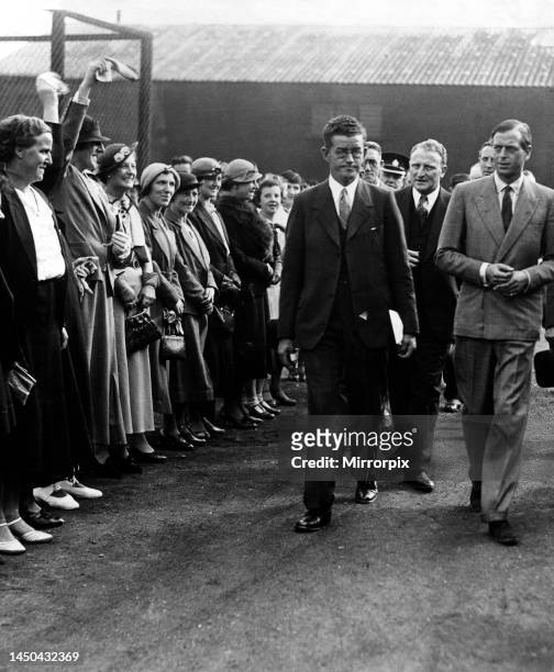 Cheering welcome for Prince George, Duke of Kent at Hebburn, visiting the boys' club at the Old Power House13 July 1937.