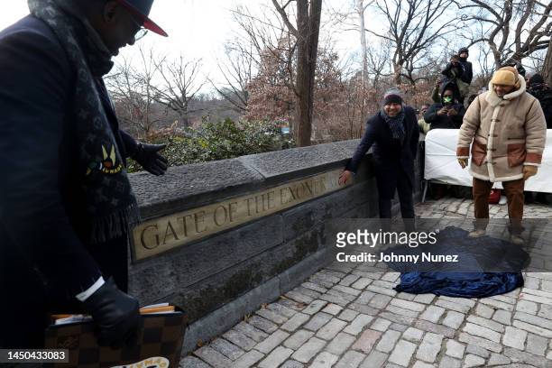 Yusef Salaam, Raymond Santana, and Kevin Richardson unveil the "Gate of the Exonerated" in Harlem on December 19, 2022 in New York City. The "Gate of...