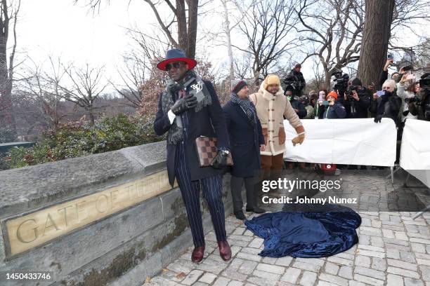 Yusef Salaam, Raymond Santana, and Kevin Richardson unveil the "Gate of the Exonerated" in Harlem on December 19, 2022 in New York City. The "Gate of...