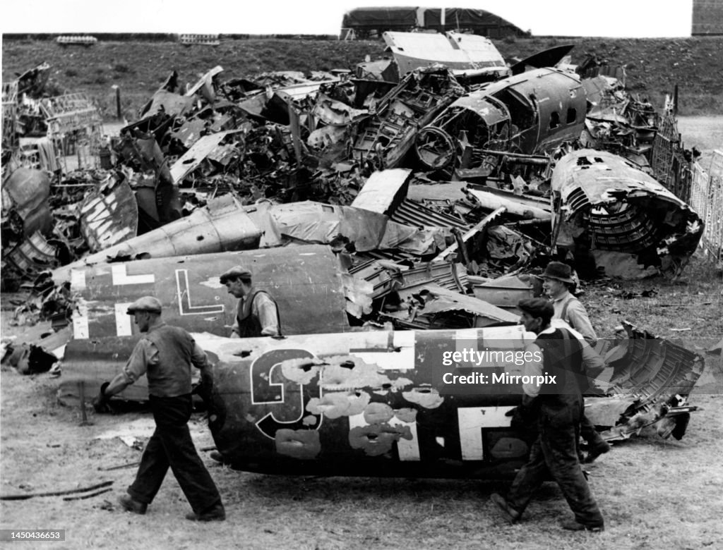 Wrecked German aircraft piled in heaps during the Battle of Britain