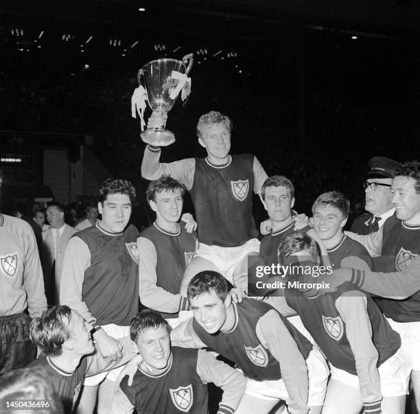 Bobby Moore being carried by West Ham teammates after winning European Cup Winners Cup 1965 at Wembley Stadium.