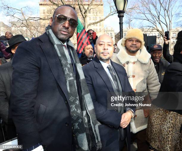 Yusef Salaam, Raymond Santana, and Kevin Richardson attend the unveiling of the "Gate of the Exonerated" in Harlem on December 19, 2022 in New York...
