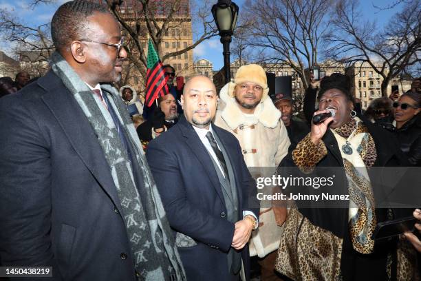 Yusef Salaam, Raymond Santana, and Kevin Richardson attend the unveiling of the "Gate of the Exonerated" in Harlem on December 19, 2022 in New York...