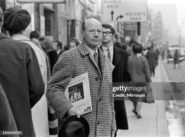 Roy Plomley presenter of Desert Island Discs, standing on the pavement outside Broadcasting House, Great Portland Street. January 30th 1967.