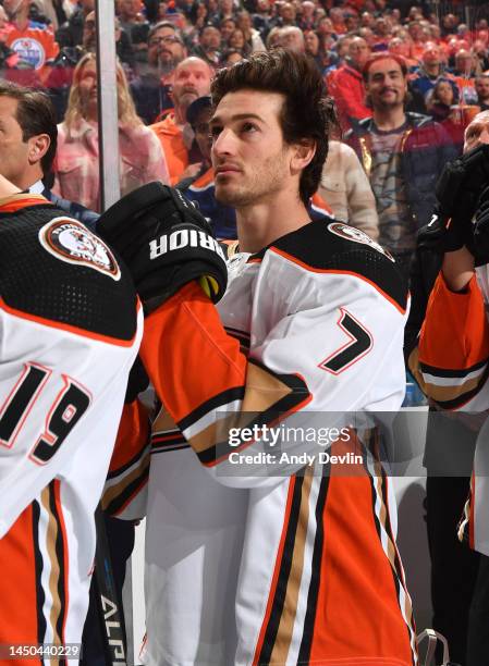 Jayson Megna of the Anaheim Ducks skates during the game against the Edmonton Oilers on December 17, 2022 at Rogers Place in Edmonton, Alberta,...