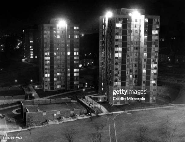 New system of floodlighting at the high rise flats at Cruddas Park Housing Estate in Newcastle. 20 September 1964.