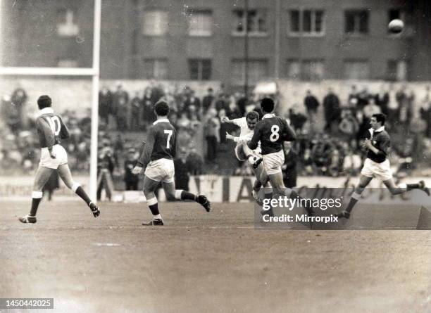 France versus Wales, Stade Colombes, Paris. French player kicks the ball away. France 20 Wales 14. April 1967.