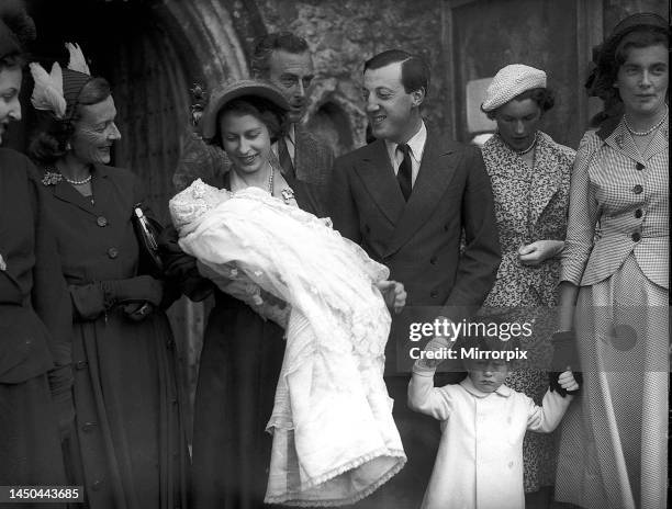 Princess Elizabeth attends the christening of the son of Lord and Lady Brabourne at St John the Baptist Church, Mersham-le-Hatch, near Ashford, Kent...