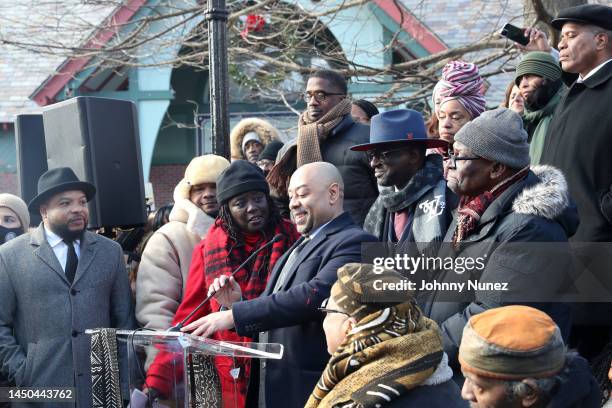 New York State Senator Cordell Cleare, Yusef Salaam, Raymond Santana, Kevin Richardson, and Keith Wright attend the unveiling of the "Gate of the...