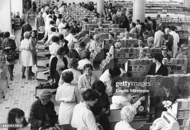 Shoppers at the tills at Sainsbury's supermarket in Trinity Street, Coventry. 25th July 1967.