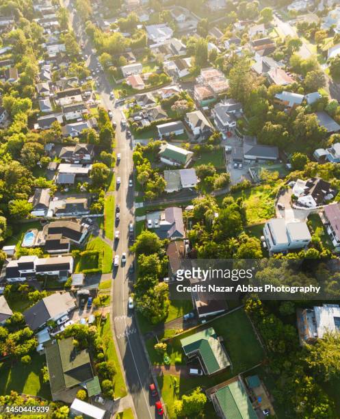 city residential area, aerial view. - nz house and driveway stock-fotos und bilder