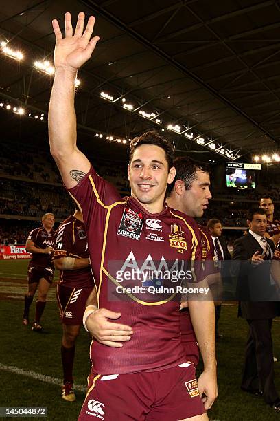 Billy Slater of the Maroons thanks the crowd after winning game one of the ARL State of Origin series between the Queensland Maroons and the New...