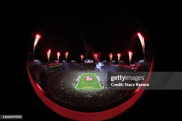 General view of fireworks before the game between the Los Angeles Rams and the Green Bay Packers at Lambeau Field on December 19, 2022 in Green Bay,...