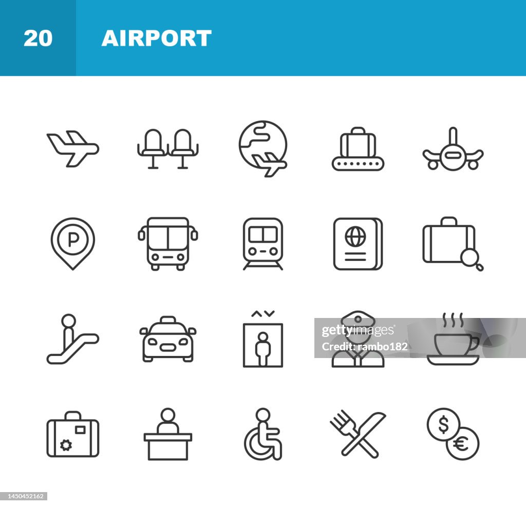 Iconos de la línea del aeropuerto. Trazo editable. Pixel Perfecto. Para móviles y web. Contiene iconos como Avión, Pago, Cambio de divisas, Vuelo, Vuelo, Equipaje, Pasajero, Pasaporte, Seguridad, Horario, Maleta, Terminal, Billete, Transporte, Viajes, V